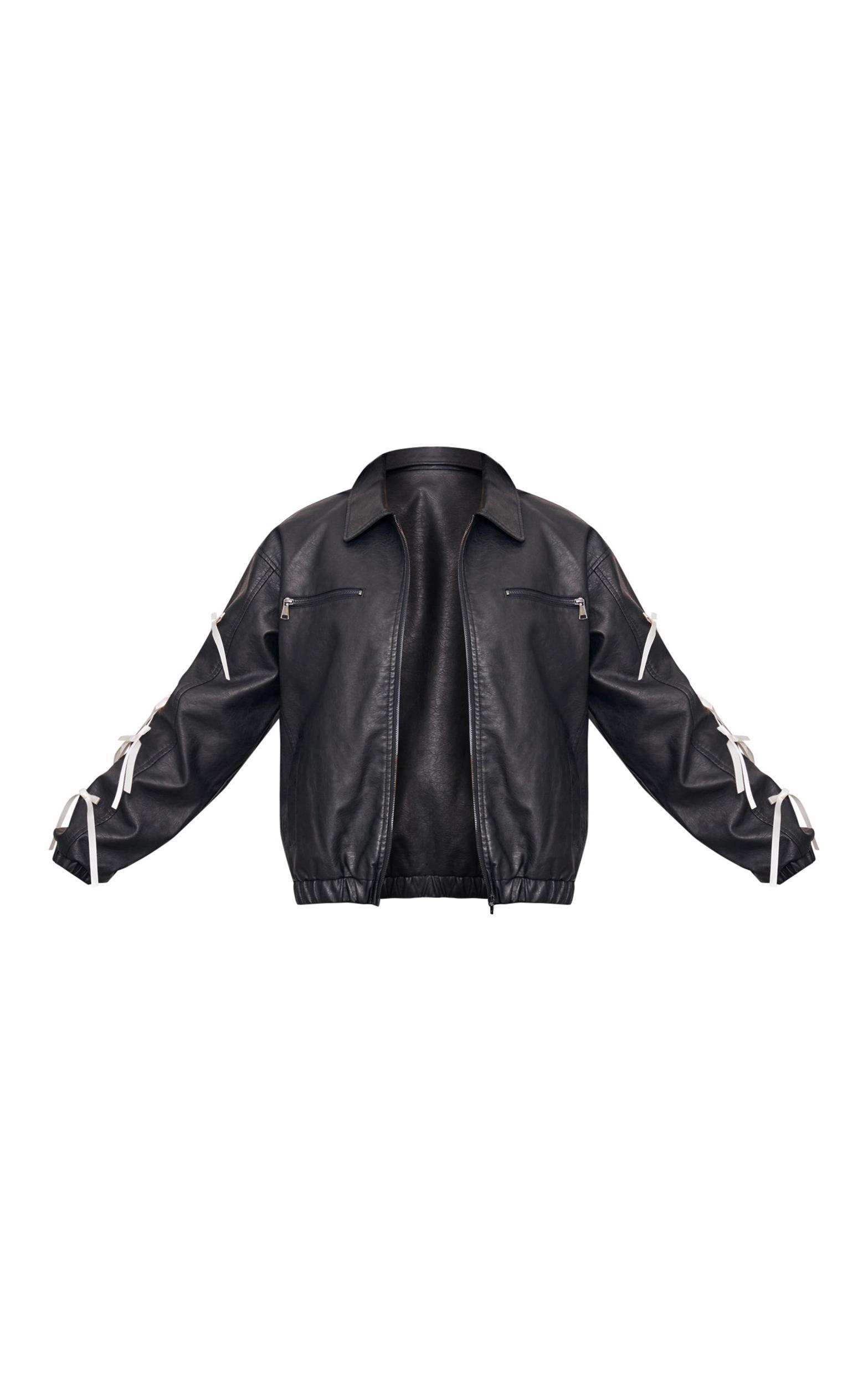 Black Faux Leather Bow Sleeve Detail Oversized Jacket Product Image