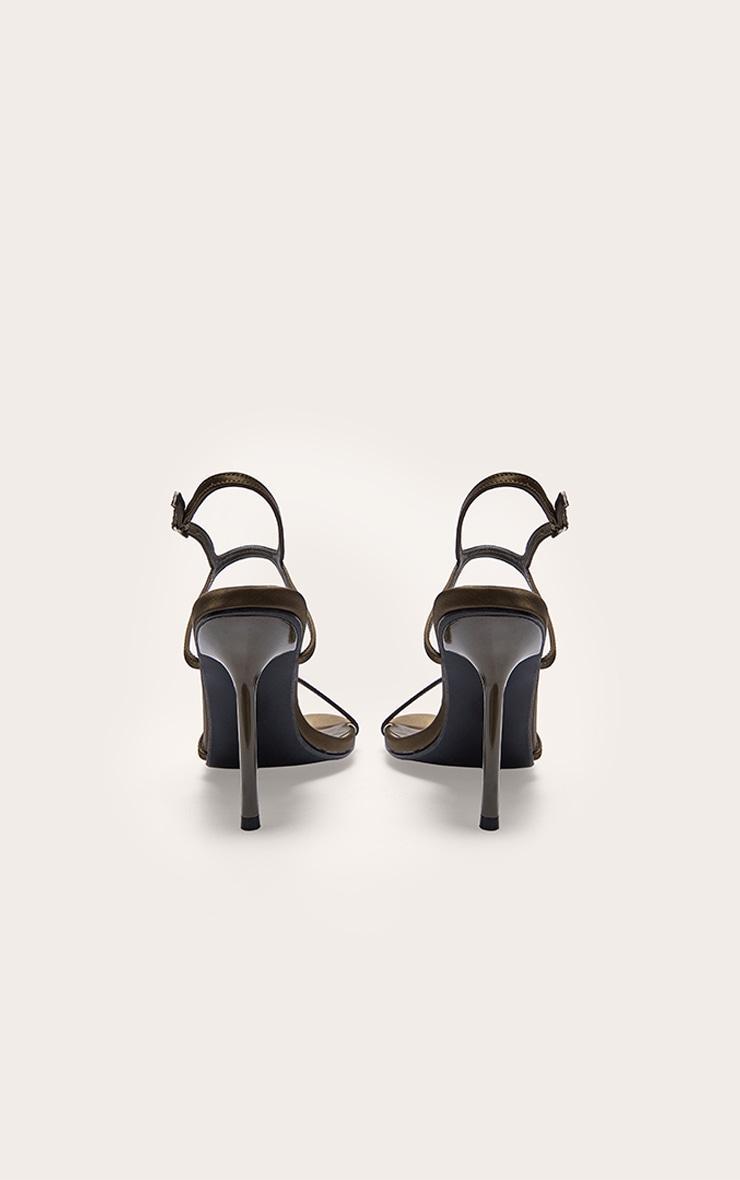 Olive Satin Round Toe Asymmetric Strap High Stiletto Heeled Sandals Product Image