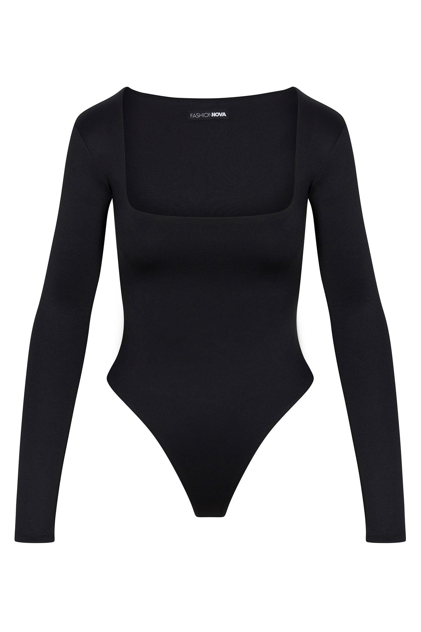 Contour Double Lined Long Sleeve Square Neck Bodysuit - Black Product Image