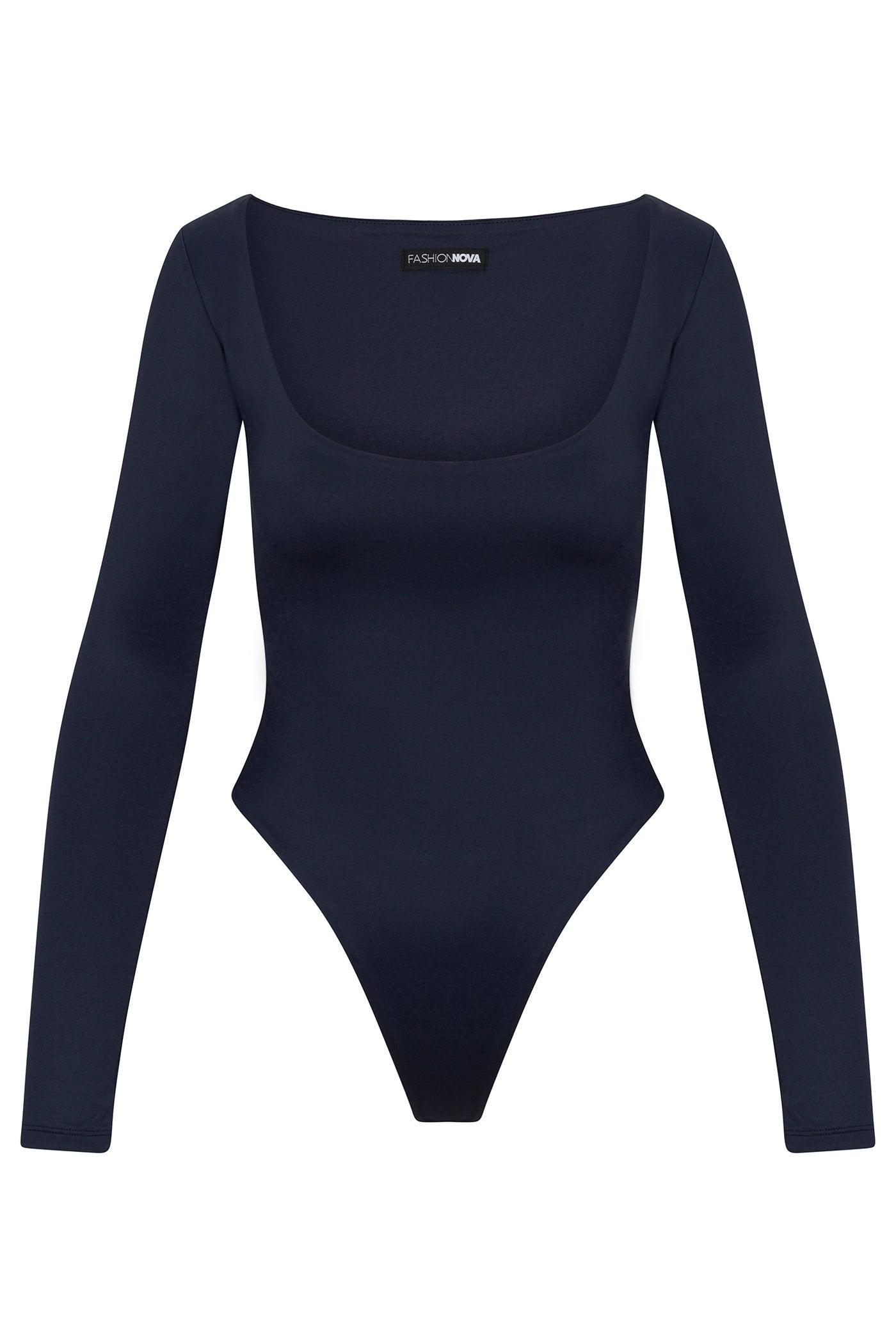 Contour Double Lined Long Sleeve Wide Scoop Neck Bodysuit - Navy Product Image