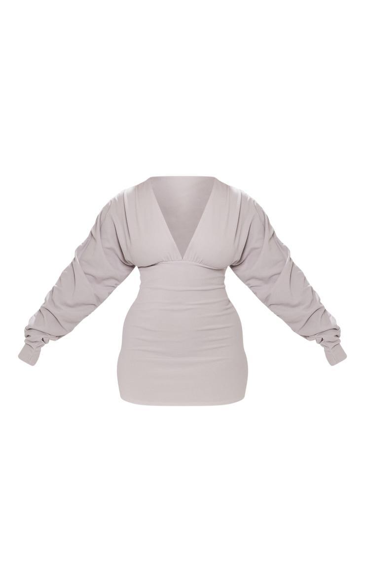 Shape Light Grey Soft Rib Plunge Ruched Sleeve Bodycon Dress Product Image