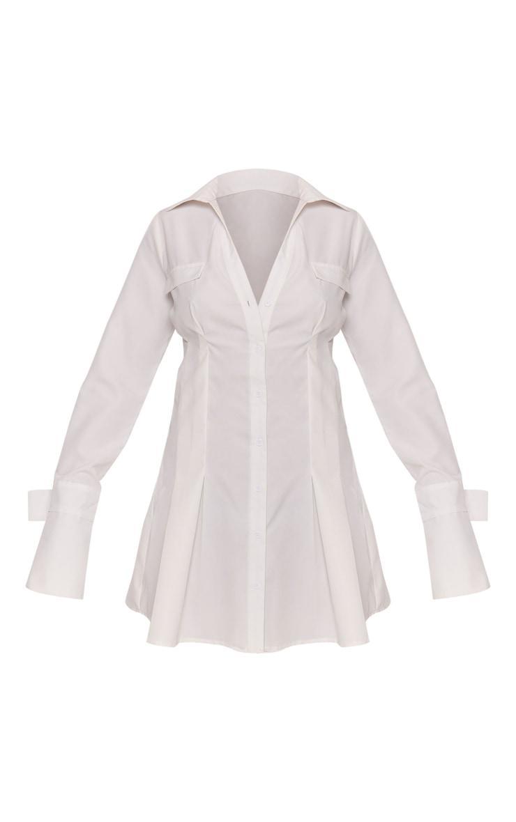  White Cotton Poplin Pleated Flared Sleeve Shirt Dress Product Image