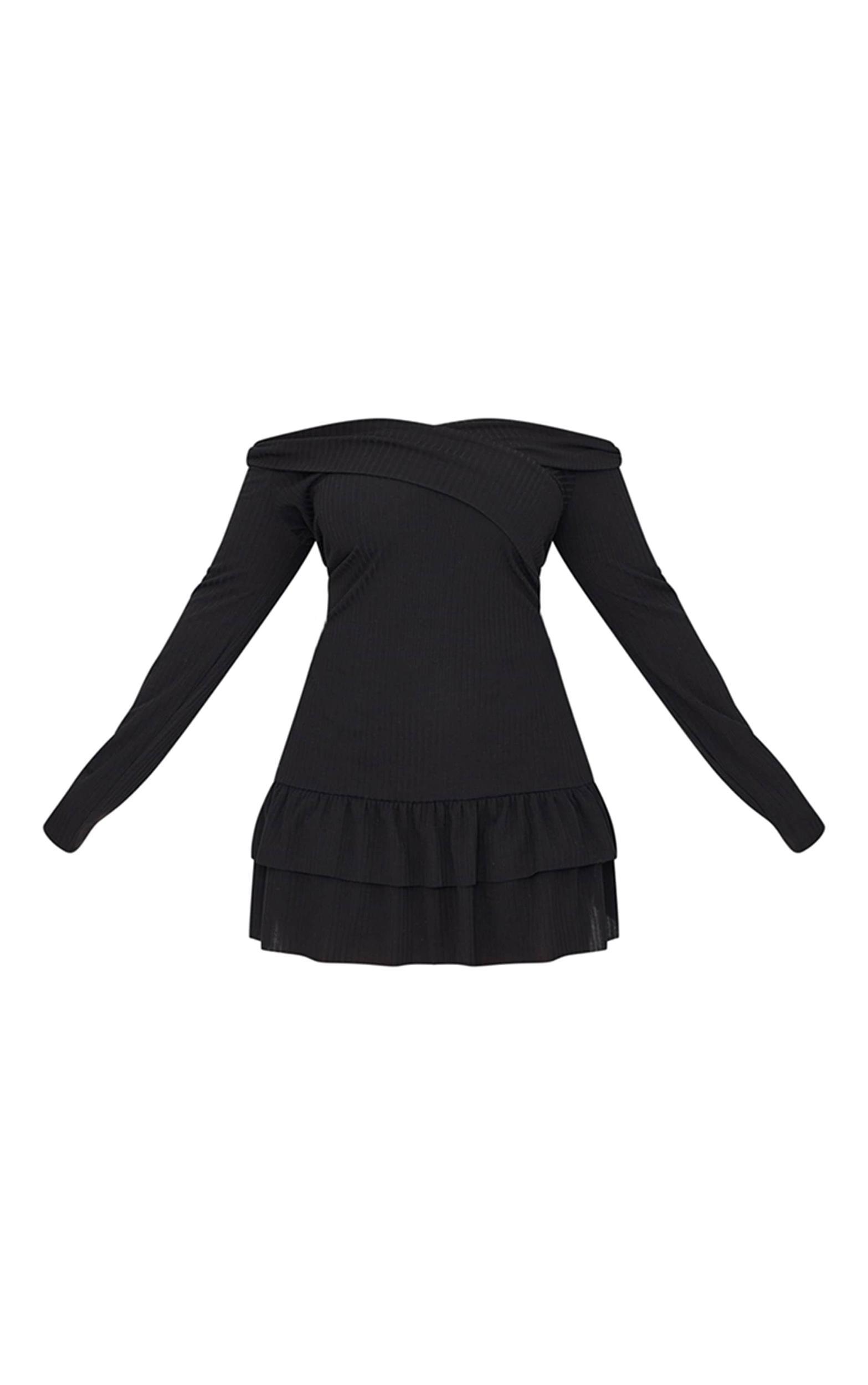 Plus Black Ribbed Bardot Cross Over Bust Detail Shift Dress Product Image