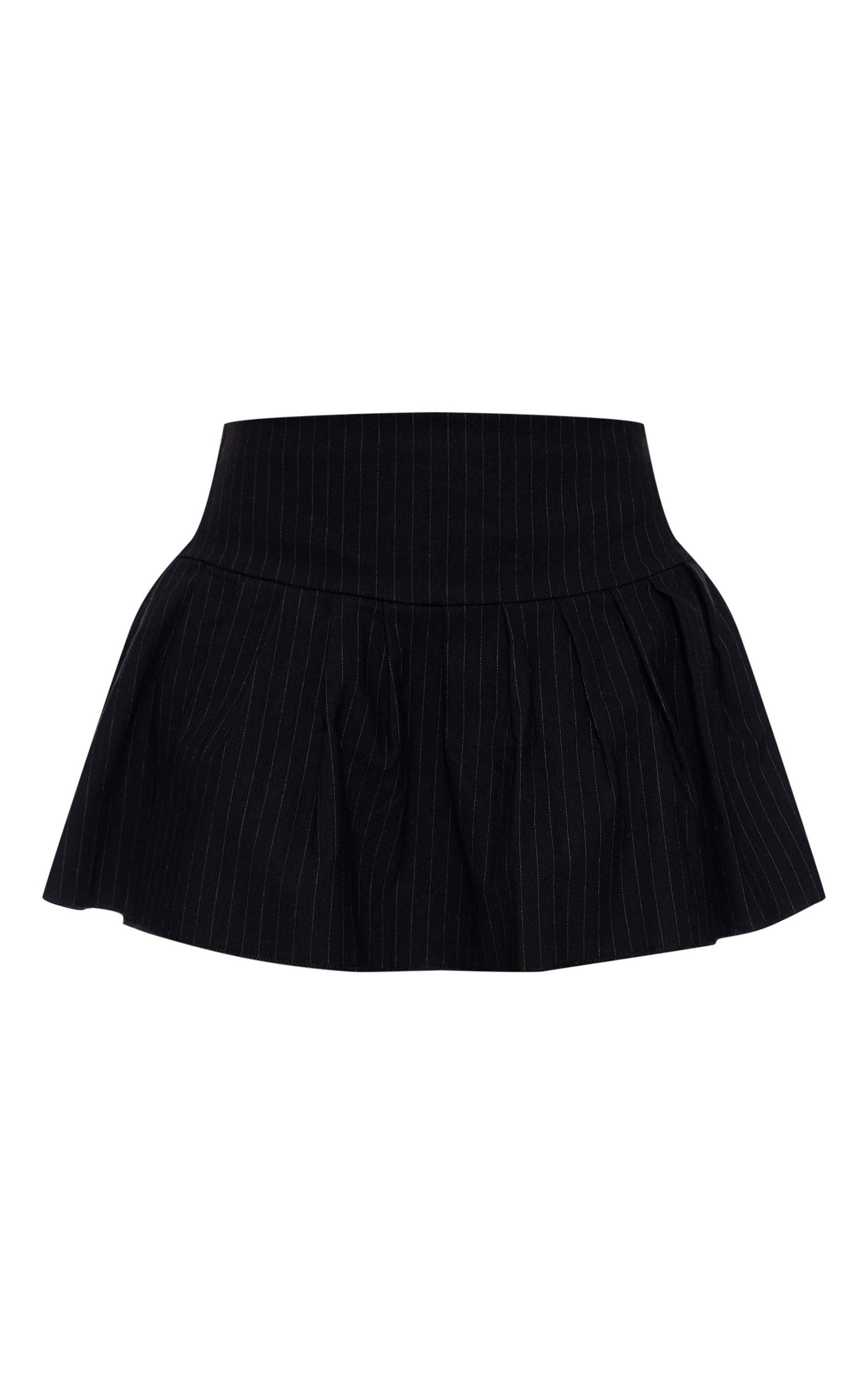 Black Pinstripe Stretch Woven Low Rise Pleated Micro Mini Skirt Product Image