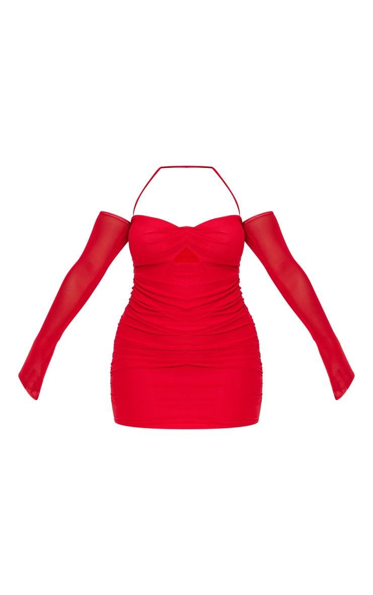 Shape Red Mesh Twist Cut Out Ruched Bodycon Dress Product Image