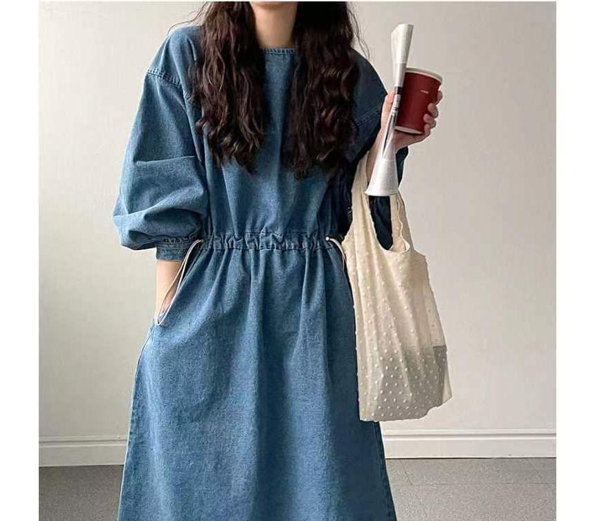Puff-Sleeve Crew Neck Denim Midi A-Line Dress Product Image