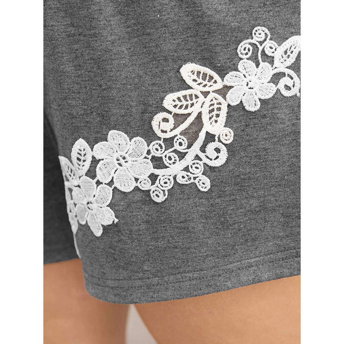 Plus Size Solid Guipure Lace Pocket Sleep Shorts Women DimGray Elegant Plain Lace Shoulderless Pocket Loungewear BloomChic 12/L Product Image