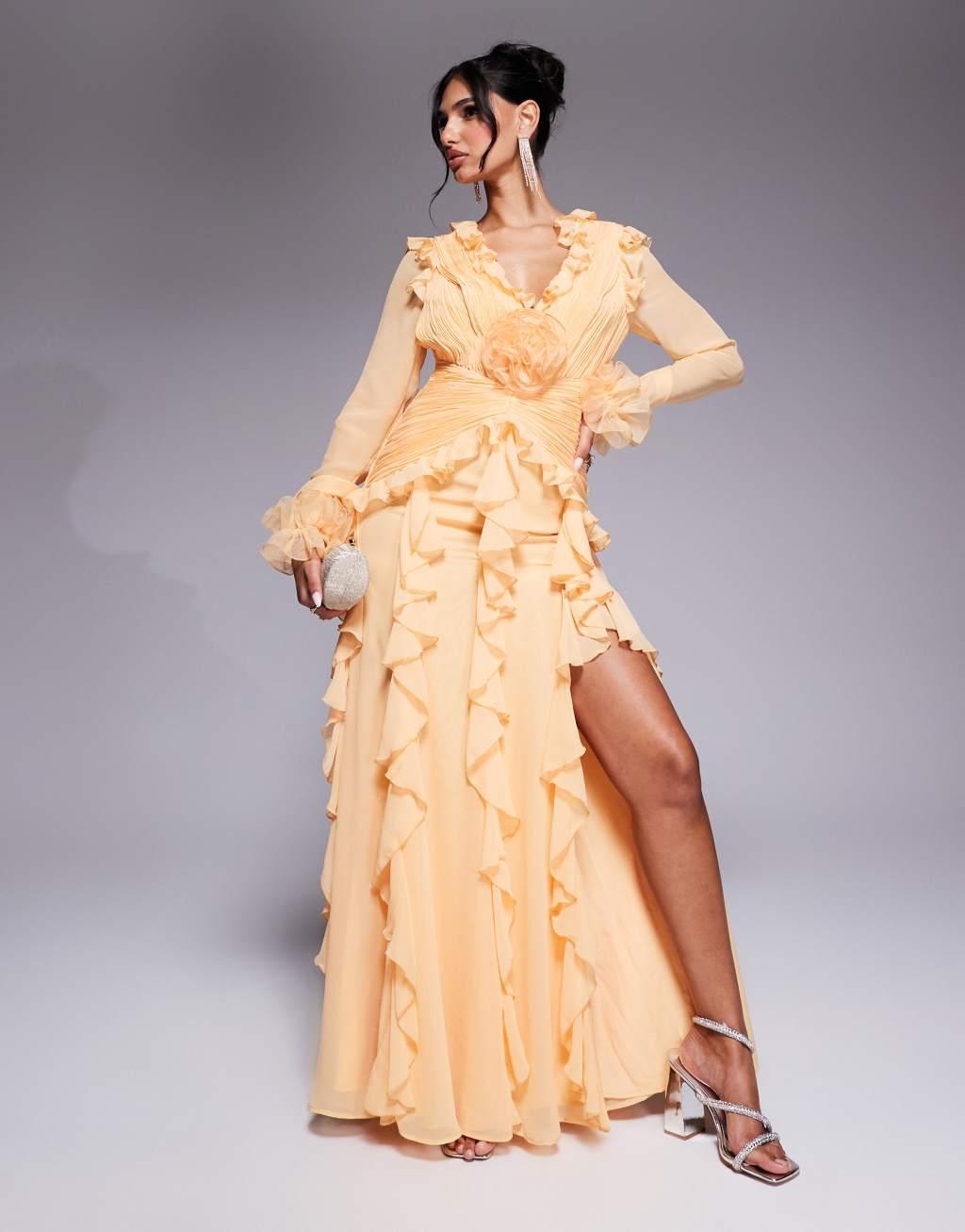 ASOS LUXE organza long sleeve exaggerated ruffle maxi dress in apricot Product Image