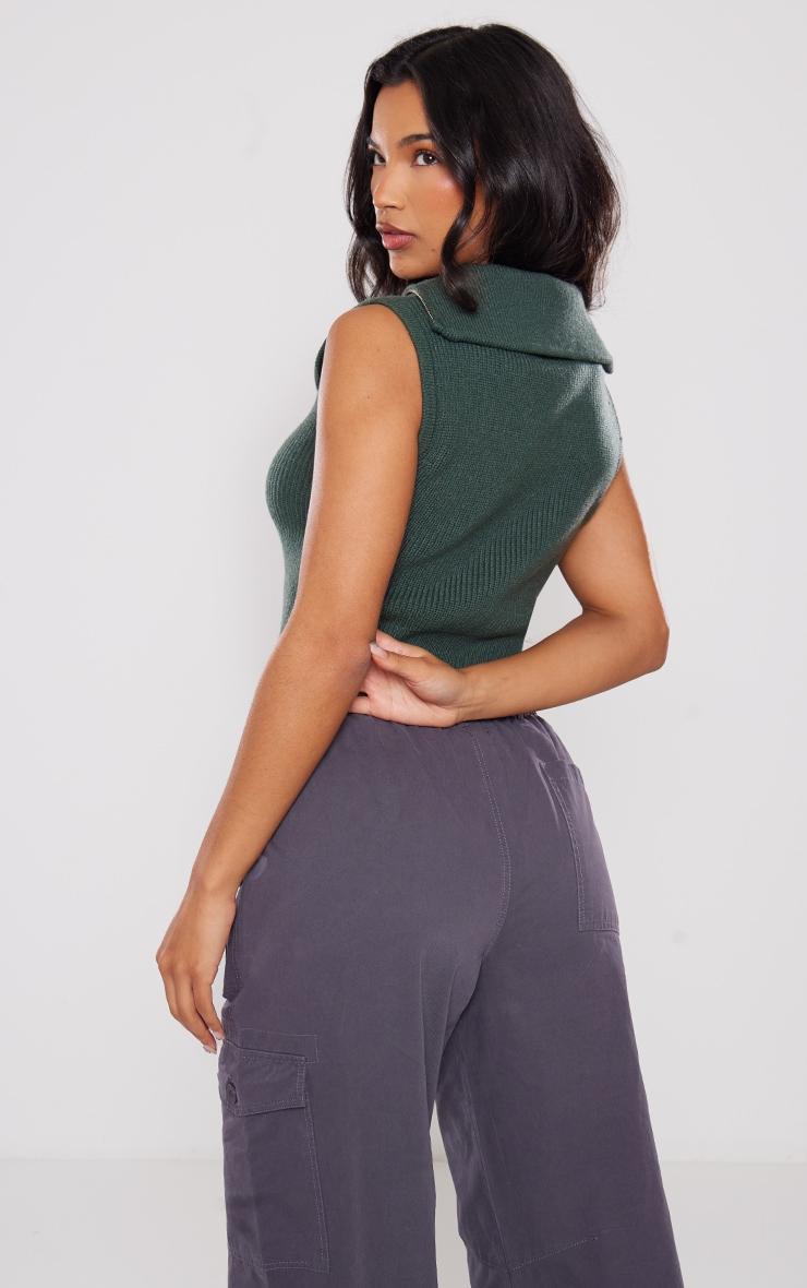 Deep Teal High Neck Half Zip Knit Sleeveless Top Product Image