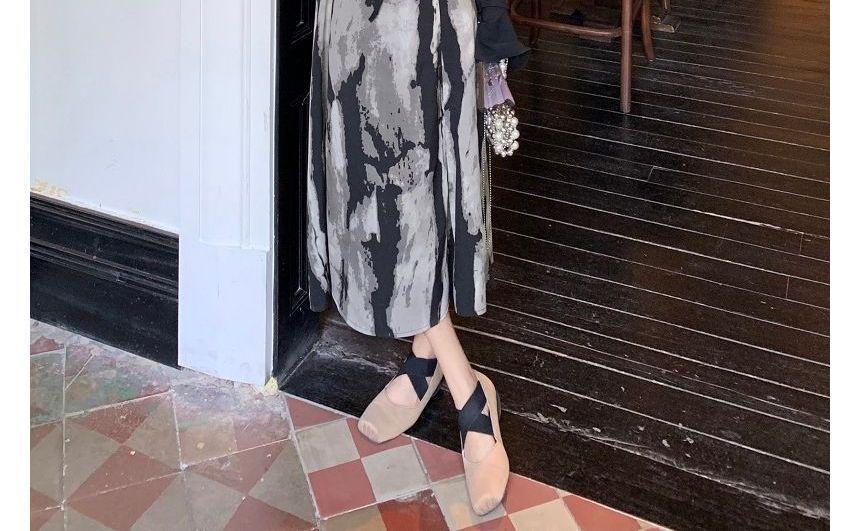 Spaghetti Strap Print Midi A-Line Dress / Open Front Light Jacket Product Image