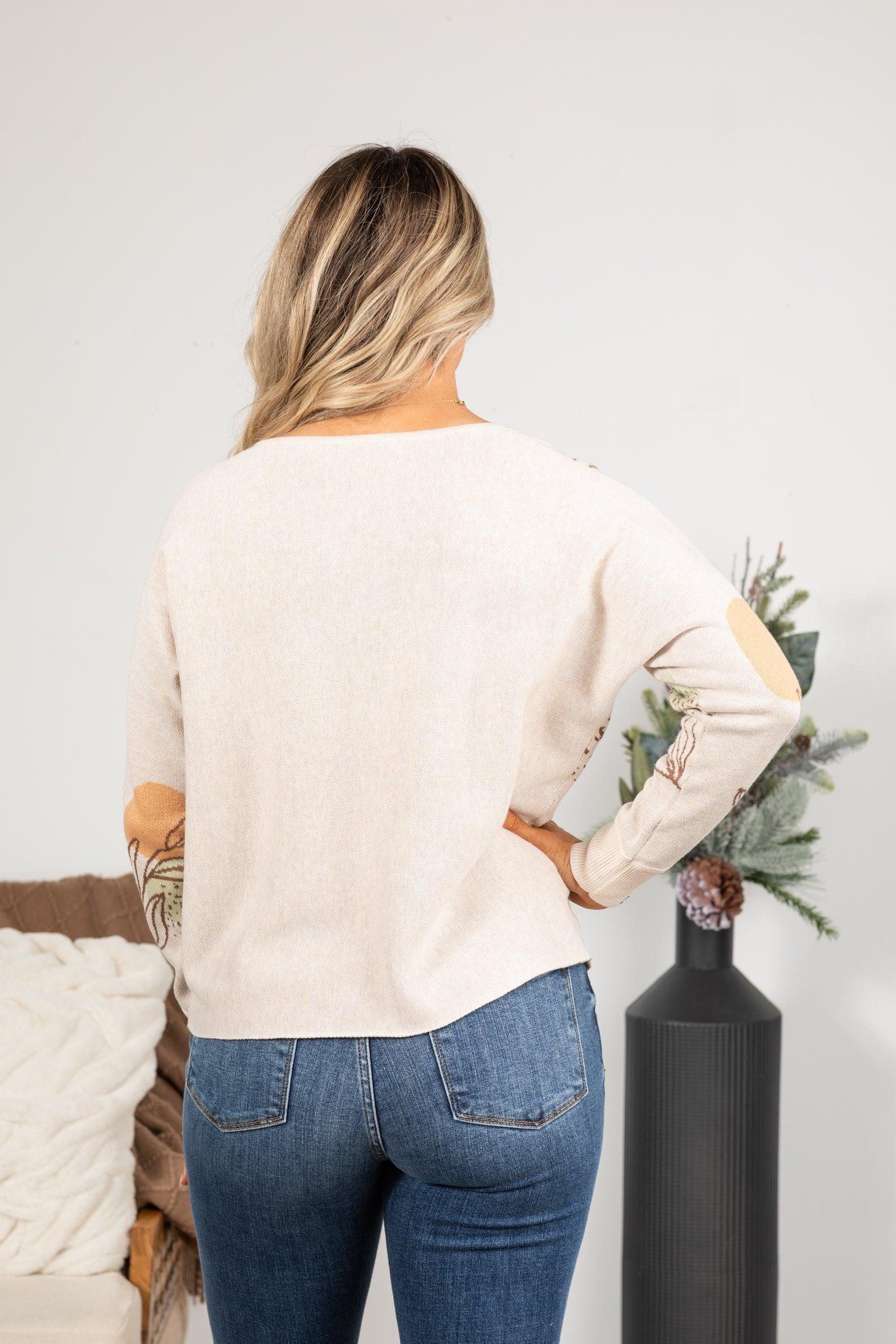 Oatmeal Flower Detail Boat Neck Knit Sweater Product Image
