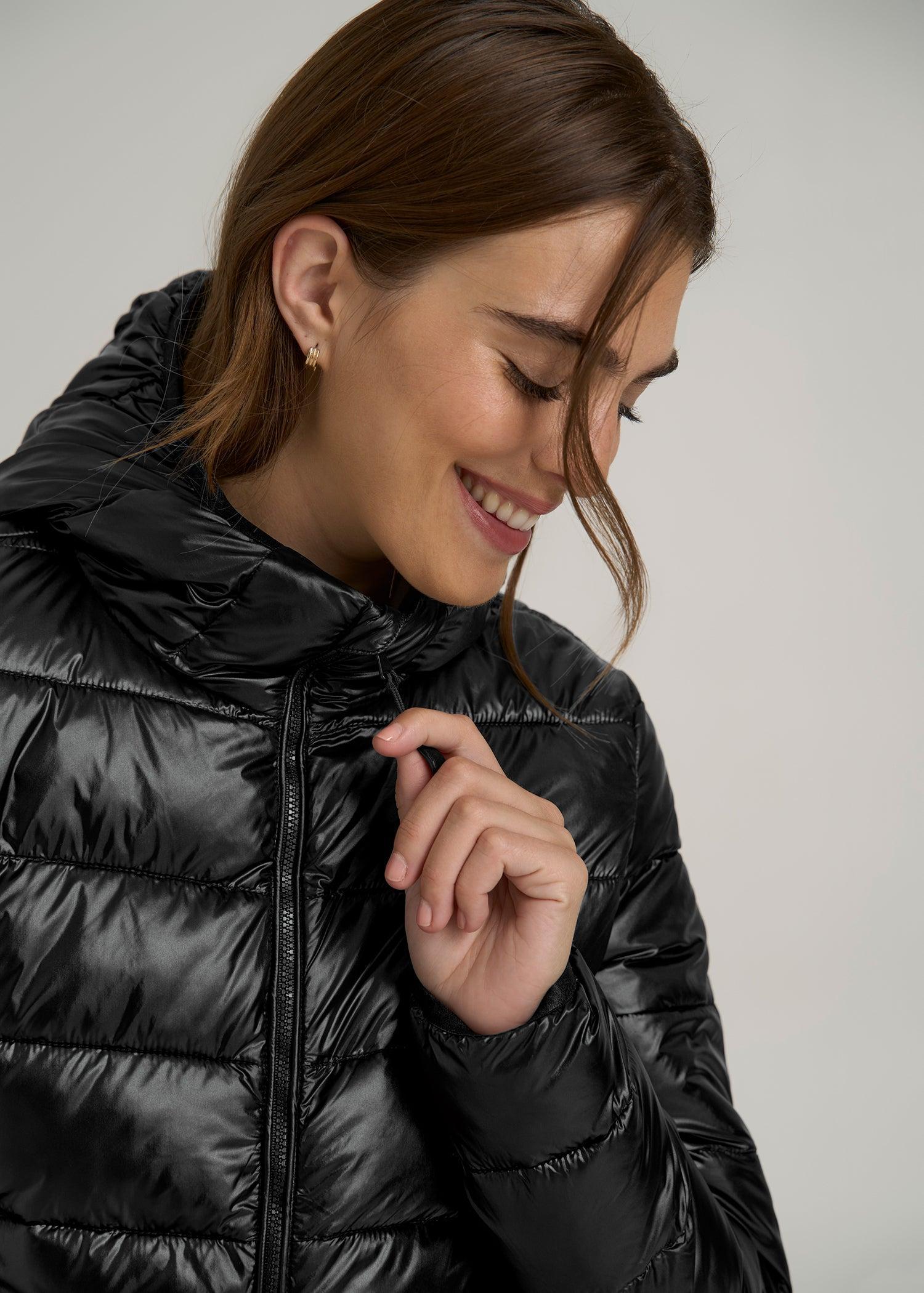 Packable Short Puffer Jacket for Tall Women in Glossy Black Product Image