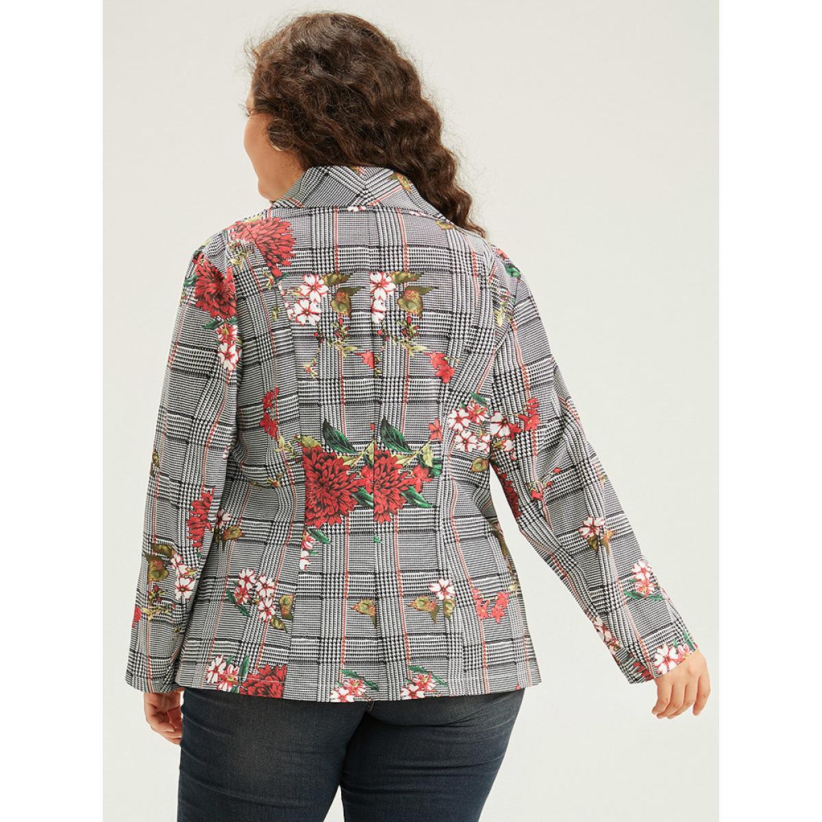 Plus Size Floral Plaid Patchwork Pocket Blazer Multicolor Women Dailywear Plaid Printed Sleeve Long Sleeve Lapel Collar 14-16/1X Pocket Elegant Blazers BloomChic Product Image