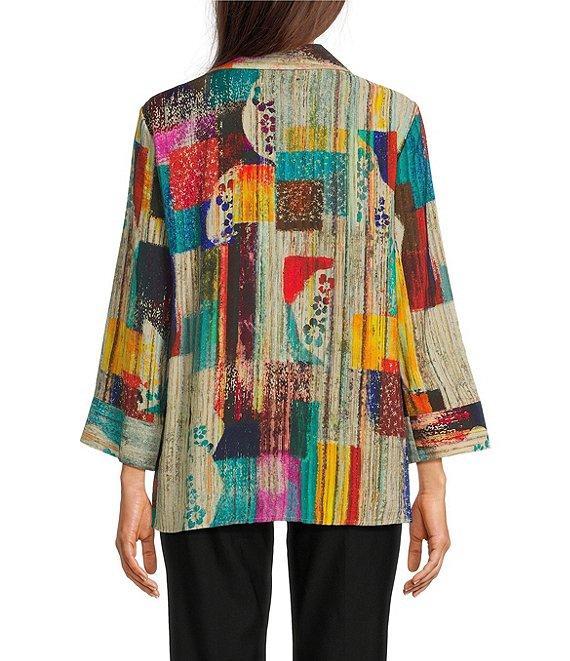 Ali Miles Petite Size Woven Abstract Multi Print Point Collar 3/4 Cuff Sleeve Button Front Tunic Product Image