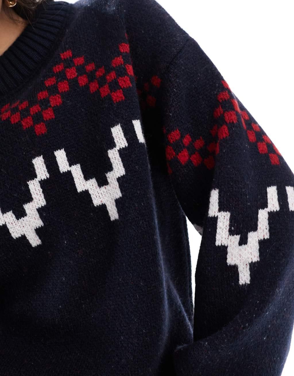 ASOS DESIGN fluffy knit Fair Isle sweater in navy Product Image