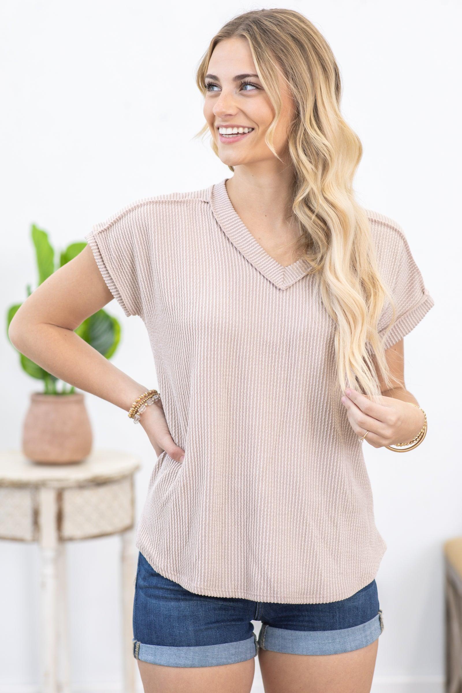Beige Ribbed V-Neck Knit Top Product Image