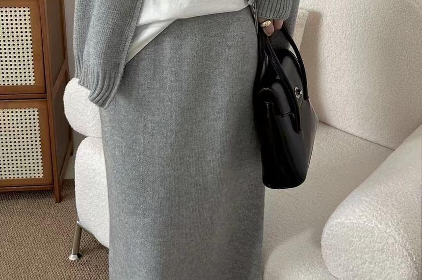 Set: Plain Zip-Up Knit Hoodie + High Rise Slit Midi Straight Skirt Product Image