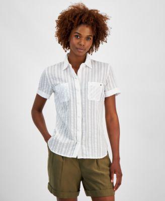 Tommy Hilfiger Womens Cotton Textured-Stripe Button Shirt Product Image