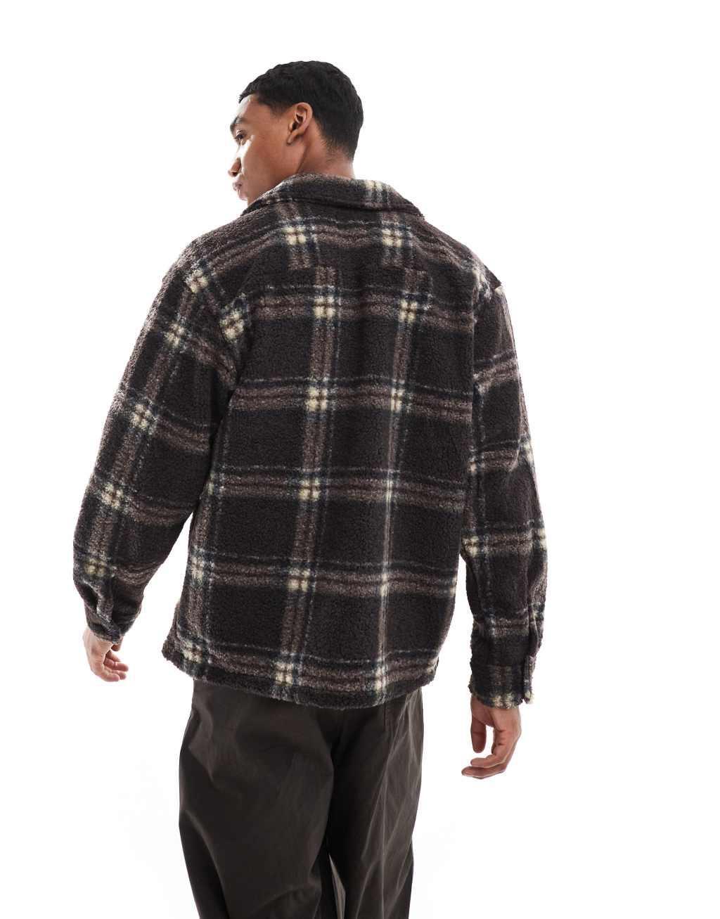 Jack & Jones borg shacket in brown check Product Image