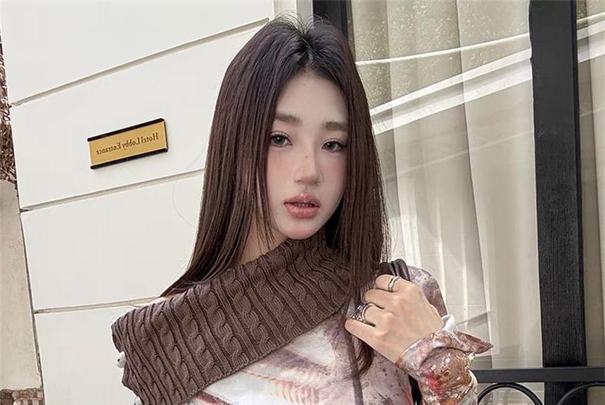 Long-Sleeve Off-Shoulder Print Asymmetrical Cable Knit Panel Slim Fit Top Product Image