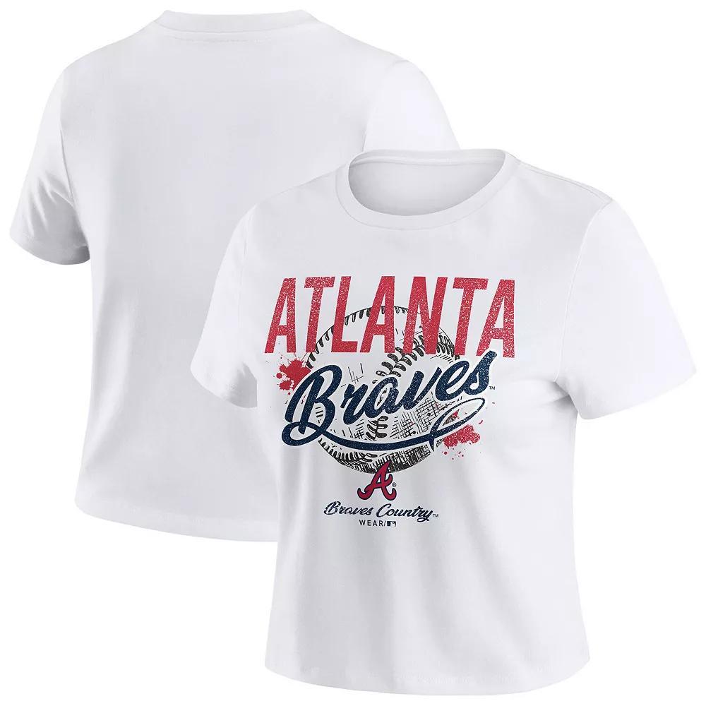 Women's WEAR by Erin Andrews  White Atlanta Braves Distressed Cropped Baby T-Shirt, Size: XL Product Image