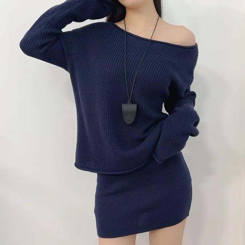 One-Shoulder Plain Ribbed Sweater / High Rise Knit Mini Pencil Skirt Product Image