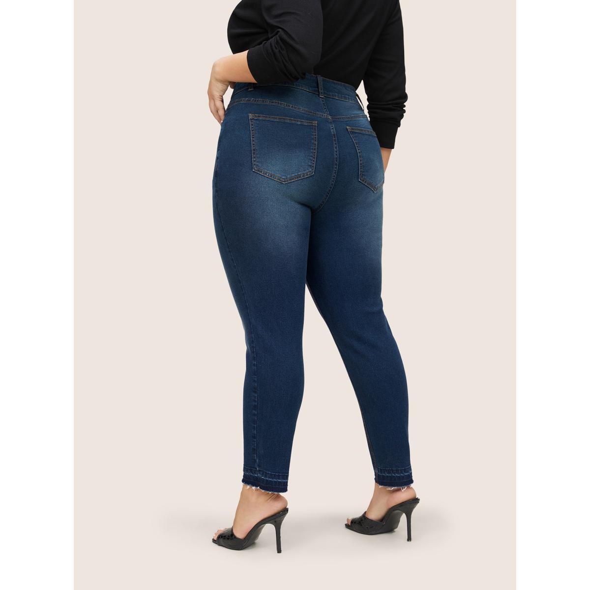 Plus Size Cutoff Skinny High Rise Zipper Fly Jeans Women DarkBlue Casual Plain Non High stretch Slanted pocket Jeans BloomChic 12/L Product Image