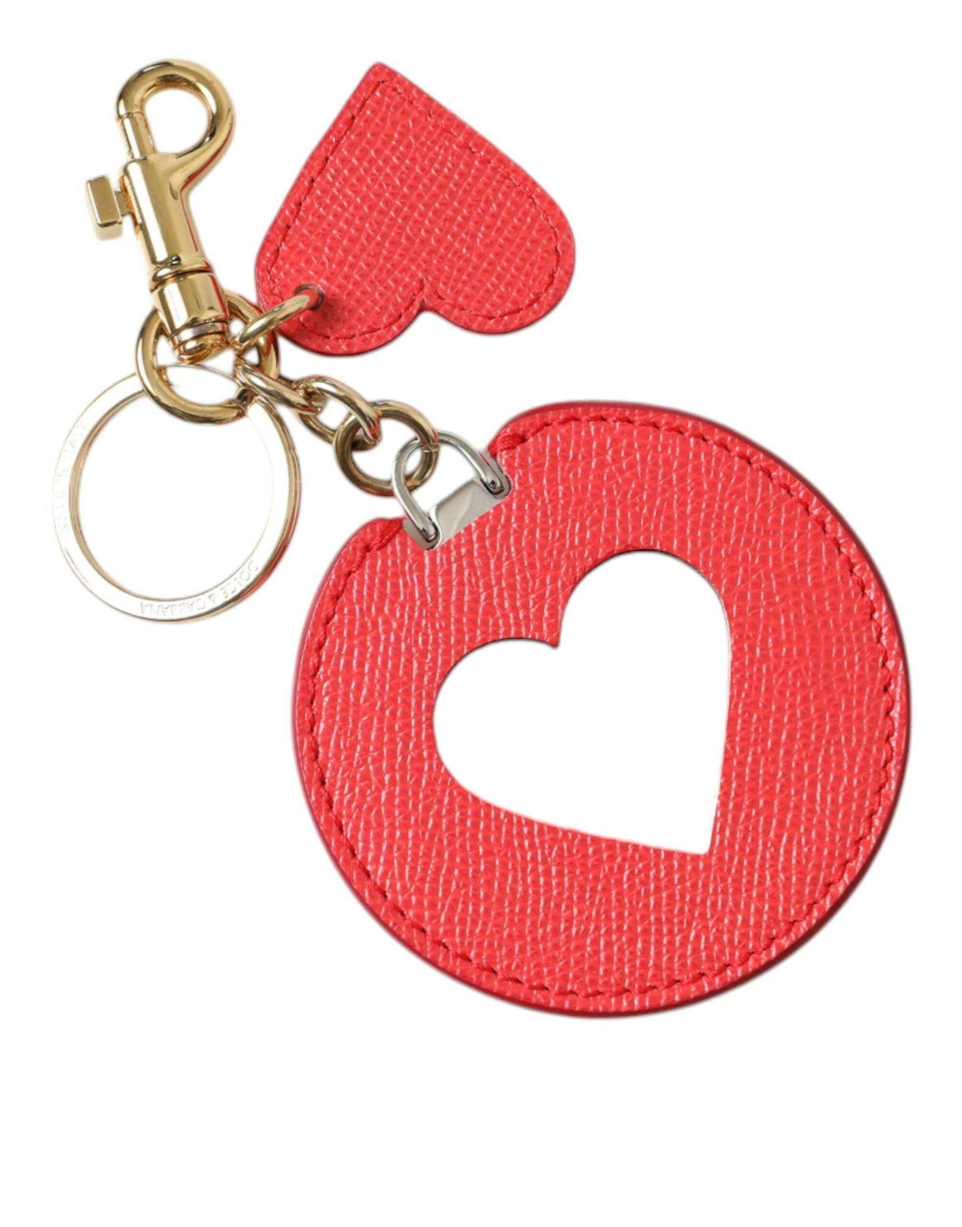 DOLCE & GABBANA Red Heart Calf Leather Gold Tone Brass Keyring Keychain Product Image