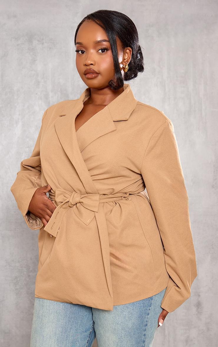 Plus Sand Belted Waist Blazer Product Image