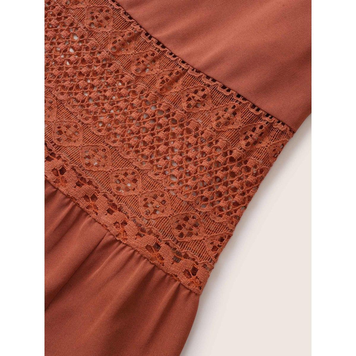Plus Size Lace Panel Tie Neck Frill Trim Tank Dress Rust Women Resort Non V-neck Sleeveless Curvy Midi Dress BloomChic 18-20/2X Product Image