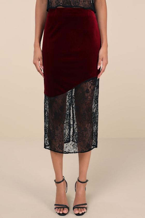 Endlessly Iconic Burgundy and Black Velvet Lace Midi Skirt Product Image