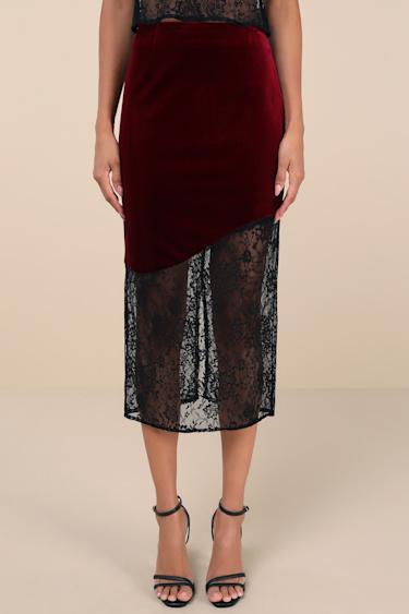 Endlessly Iconic Burgundy and Black Velvet Lace Midi Skirt Product Image