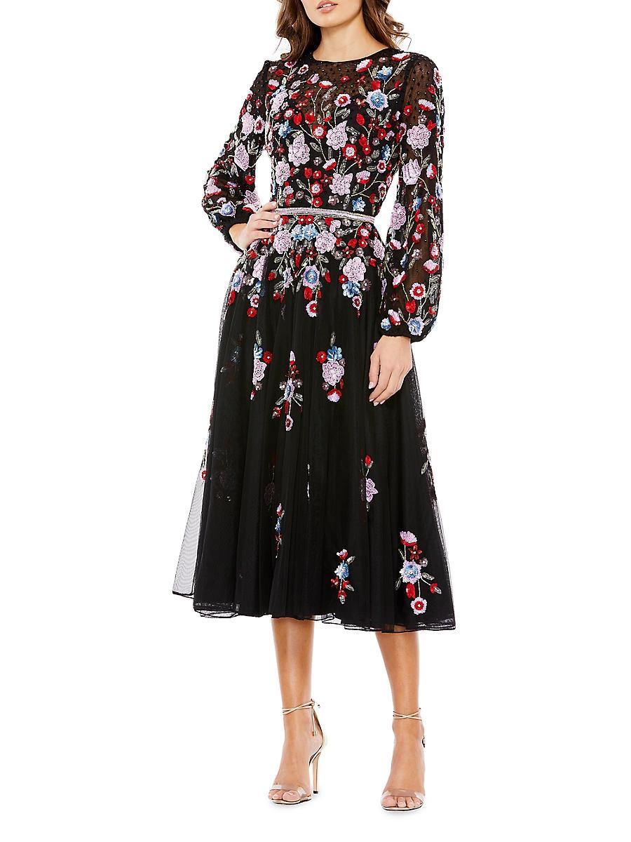 Mac Duggal Sequin Floral Print Jewel Neck Long Puffed Sleeve Midi Dress Product Image