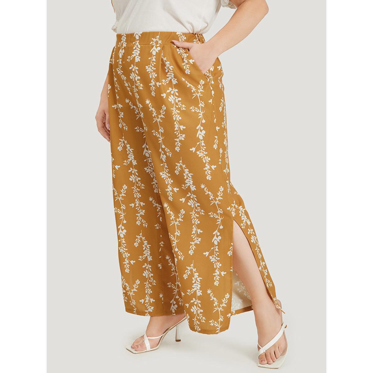 Plus Size Silhouette Floral Print Pocket Split Side Pants Women Yellow Elegant Straight Leg High Rise Dailywear Pants BloomChic 12/L Product Image