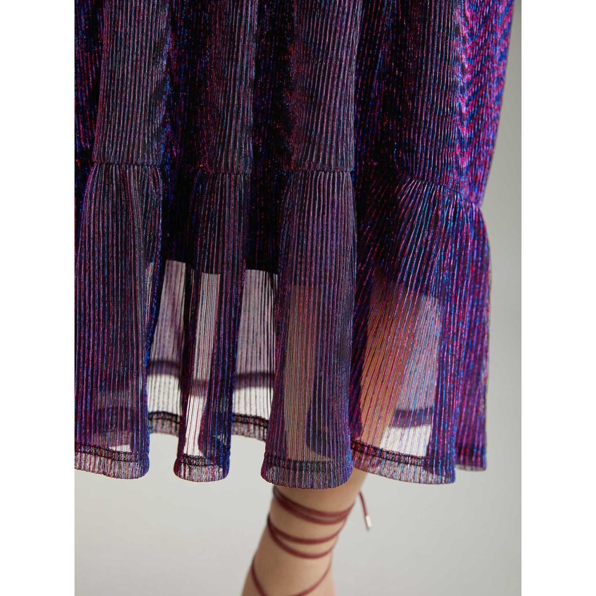 Plus Size Luxe Mesh Pleated Elastic Waist Wrap Dress Blackcurrant Women Party Texture Overlap Collar Elbow-length sleeve Curvy Midi Dress BloomChic 30/6X Product Image