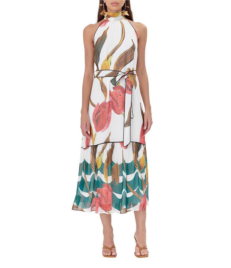 Adelyn Rae Woven Floral Print Halter Neck Sleeveless Belted Waist Tie Blouson Midi Dress Product Image