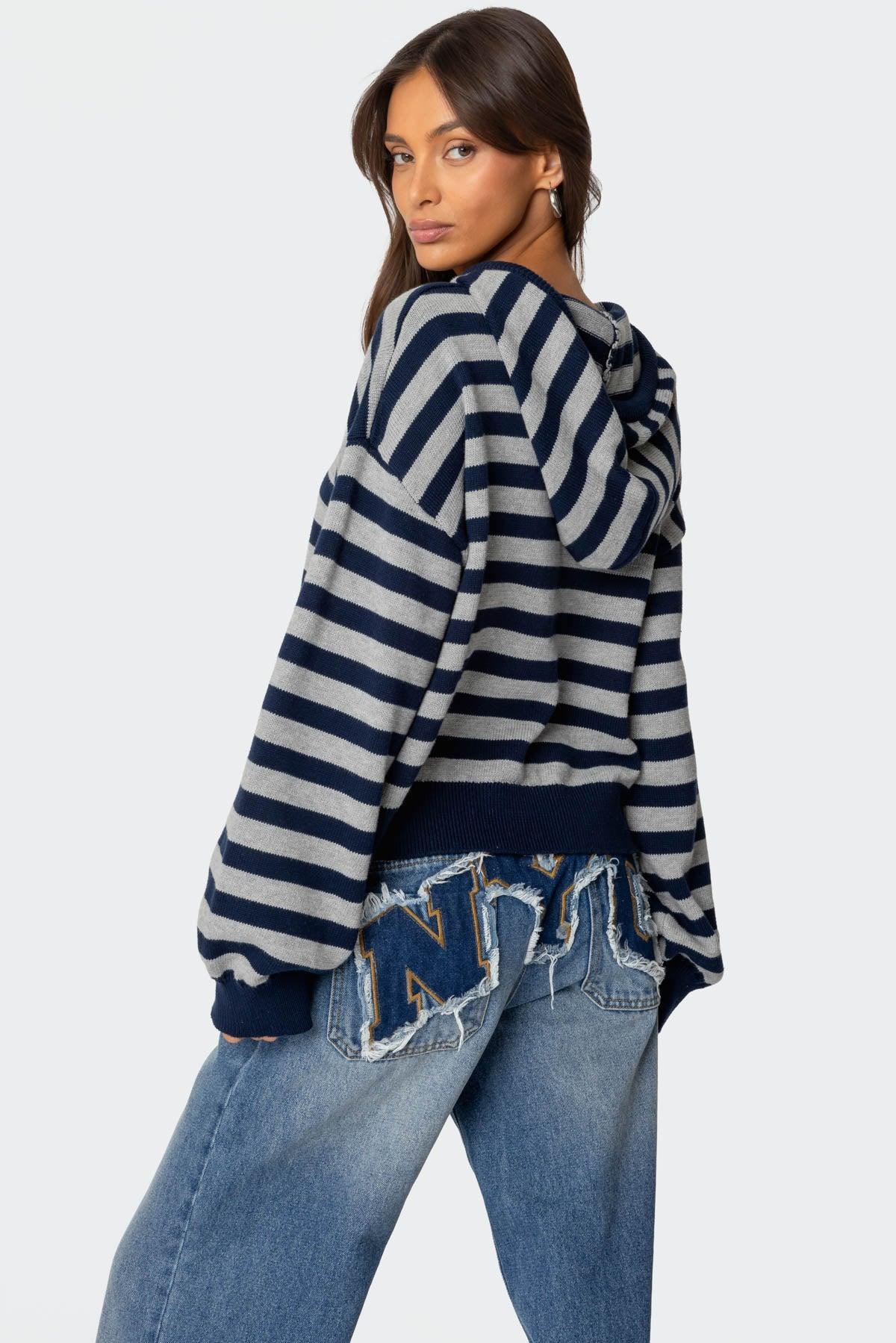 Striped Hooded Knit Sweater Product Image