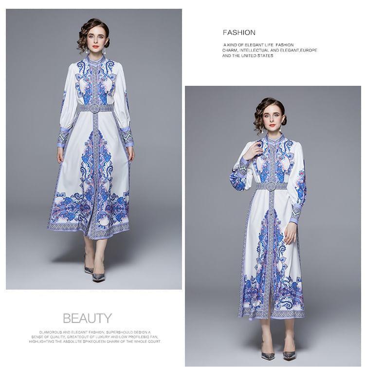 Long Sleeve Stand Collar Patterned Print Belted Button Midi A-Line Dress Product Image