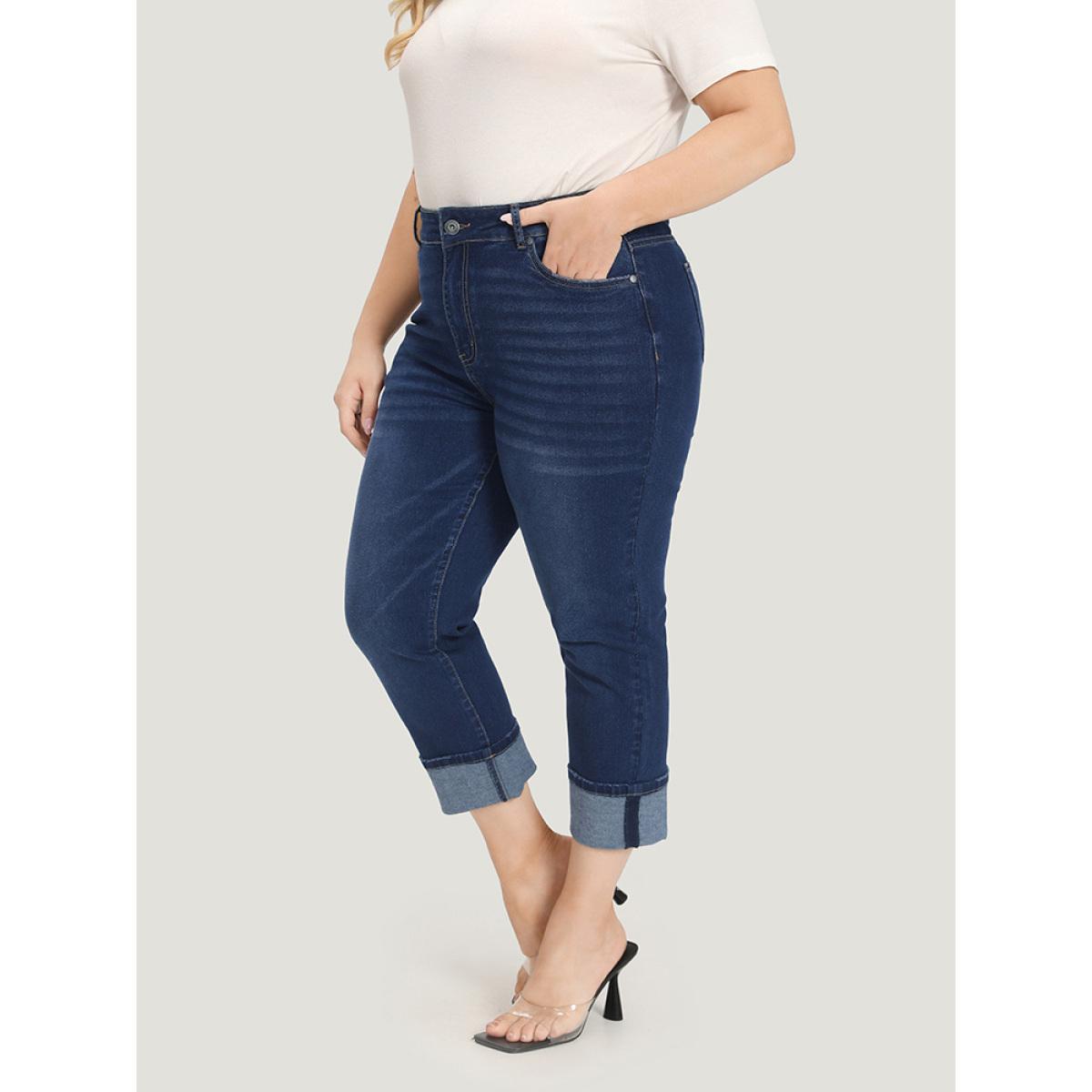 Plus Size Roll Hem High Rise Pocket Very Stretchy Jeans Women DarkBlue Casual Plain Plain High stretch Pocket Jeans BloomChic 22/3X Product Image