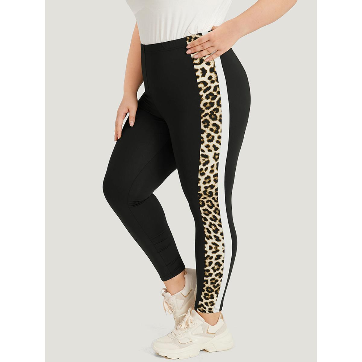 Plus Size Leopard Patchwork High Rise Elastic Waist Leggings Women Black Casual High stretch Skinny High Rise Dailywear Leggings BloomChic 28/5X Product Image