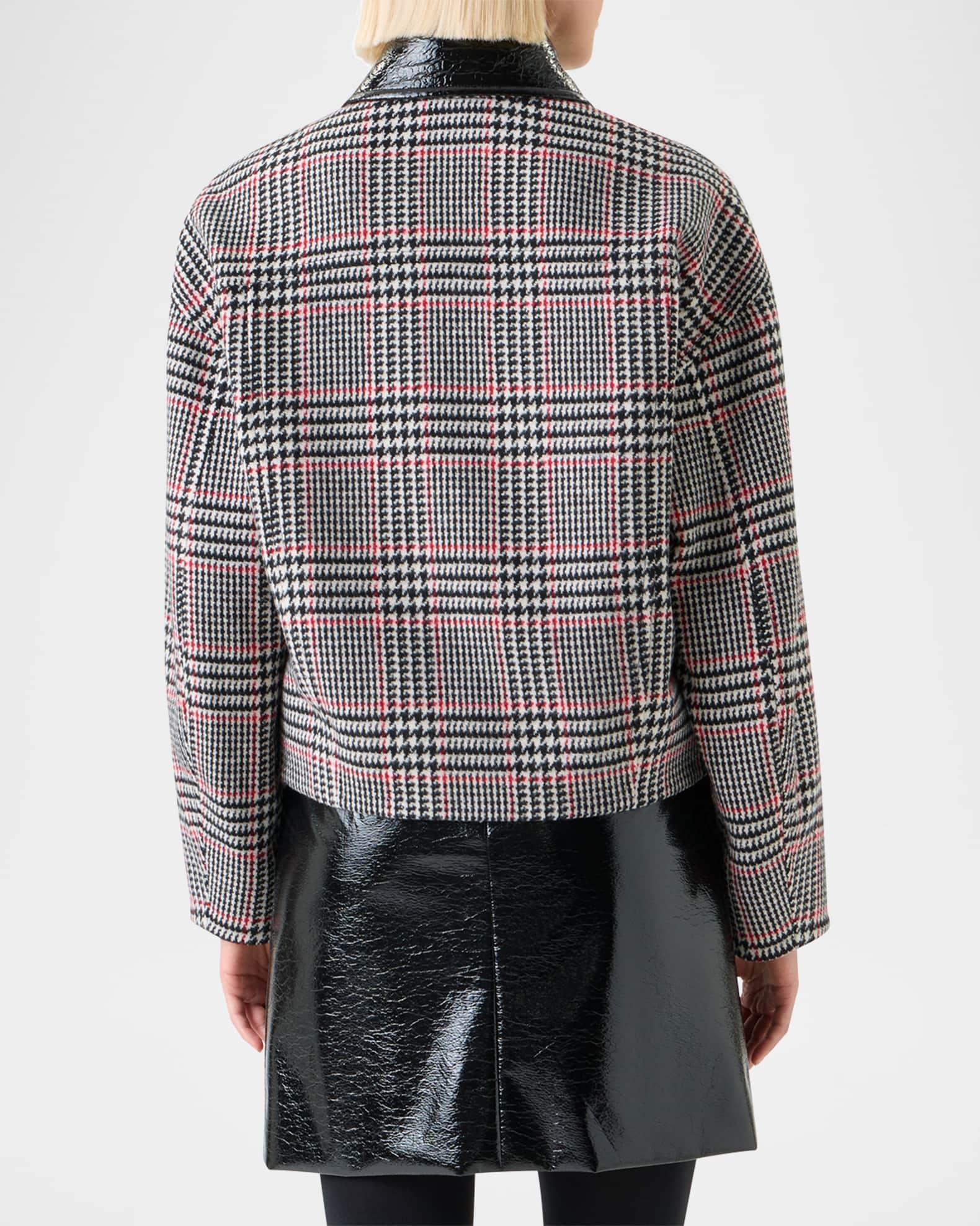 Faux Leather-Collar Glen Check Tweed Jacket Product Image