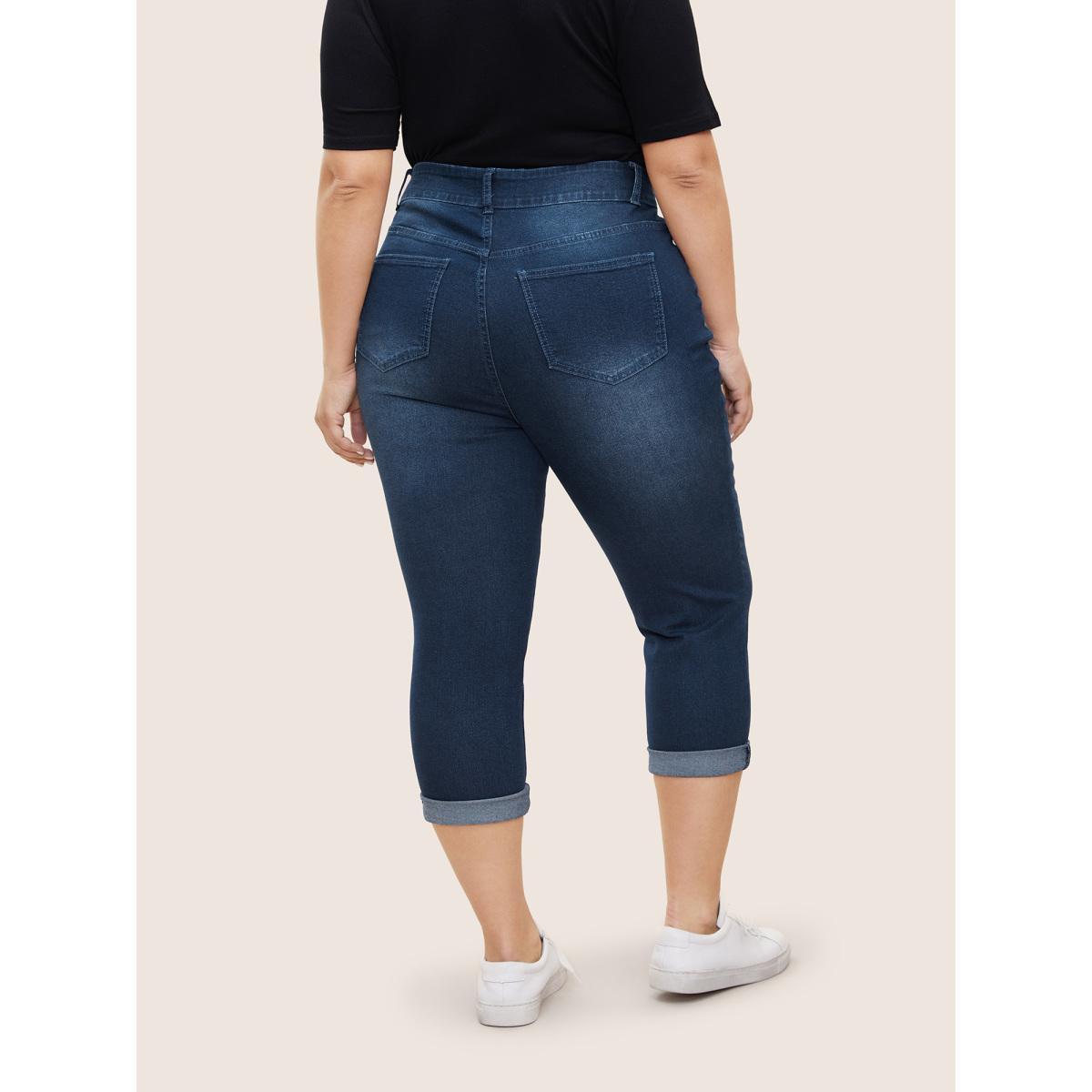 Plus Size Bodycon Roll Hem Medium Wash Jeans Women Blue Casual Plain Non High stretch Slanted pocket Jeans BloomChic 30/6X Product Image