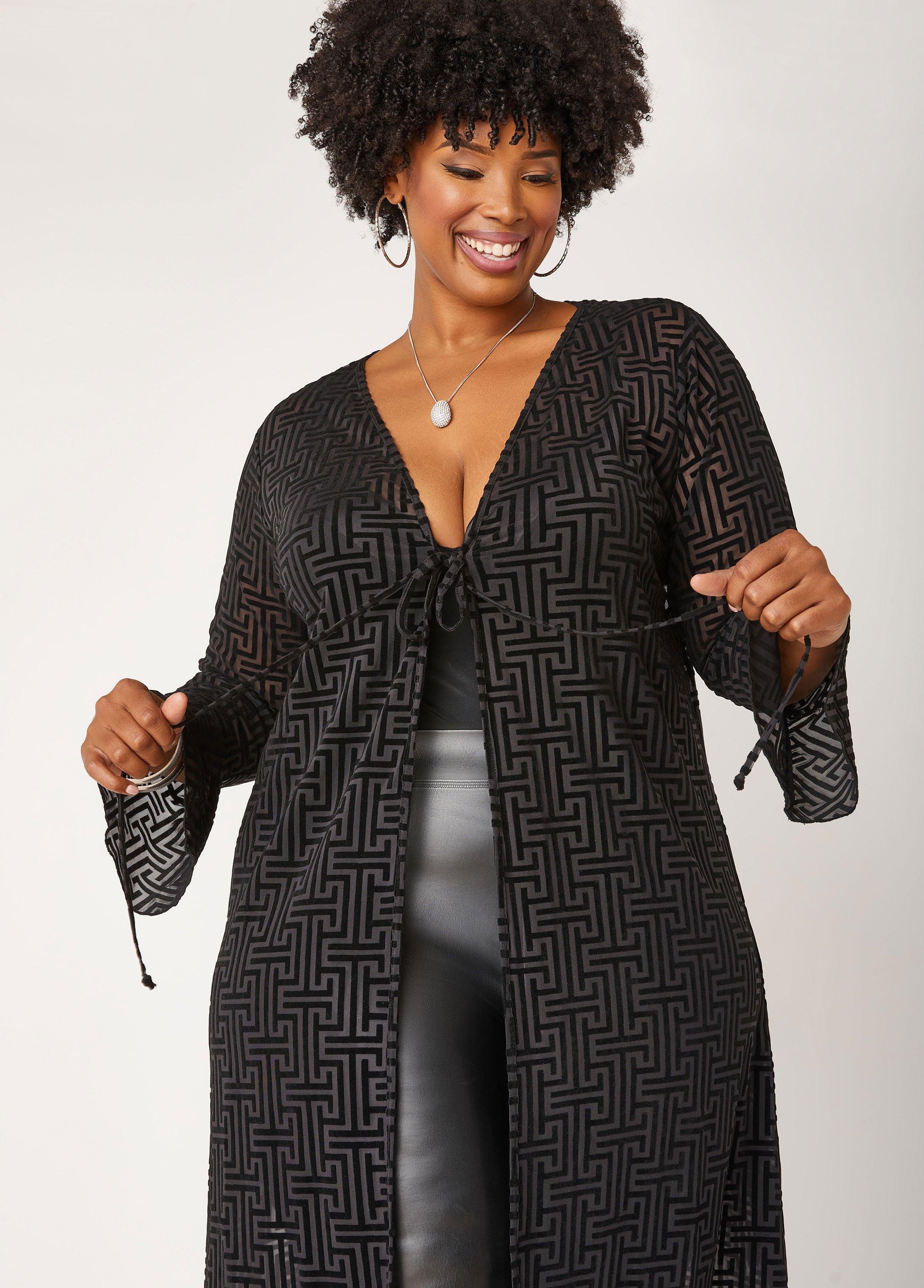 Plus Size Geo Flocked Mesh Duster Ashley Stewart Product Image