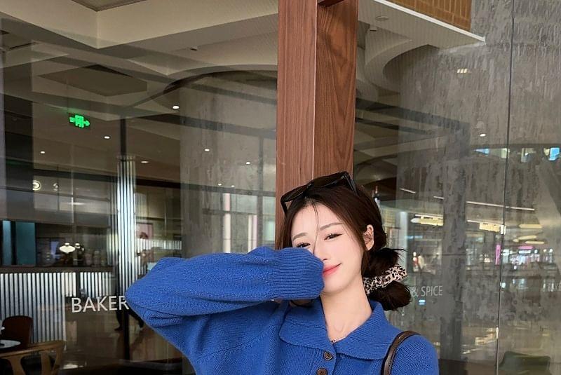 Collared Plain Button Sweater / High Waist Plain Wide Leg Pants Product Image
