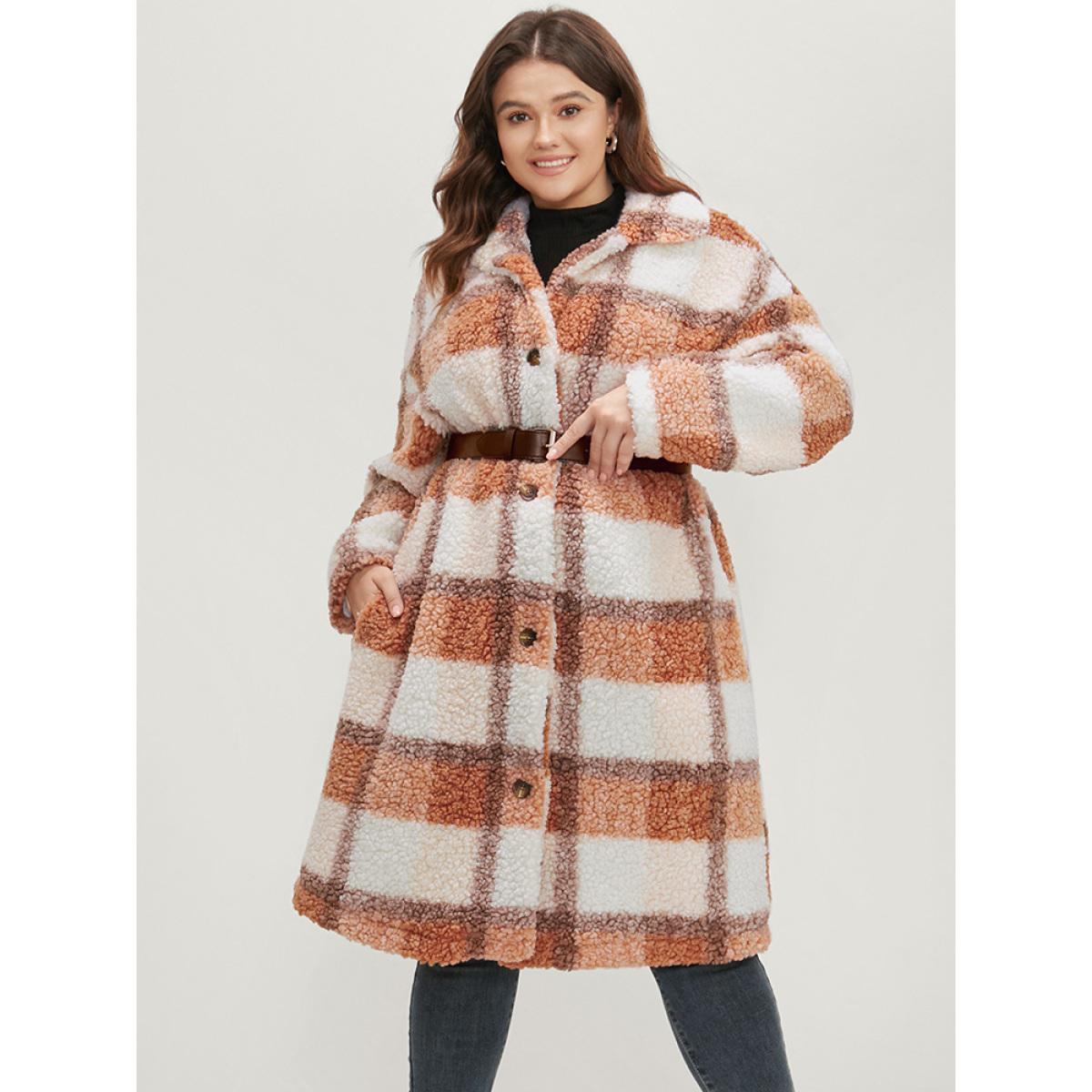 Plus Size Plaid Pocket Button Up Teddy Coat Women Multicolor Casual Button Loose Ladies Dailywear Winter Coats BloomChic 28/5X Product Image