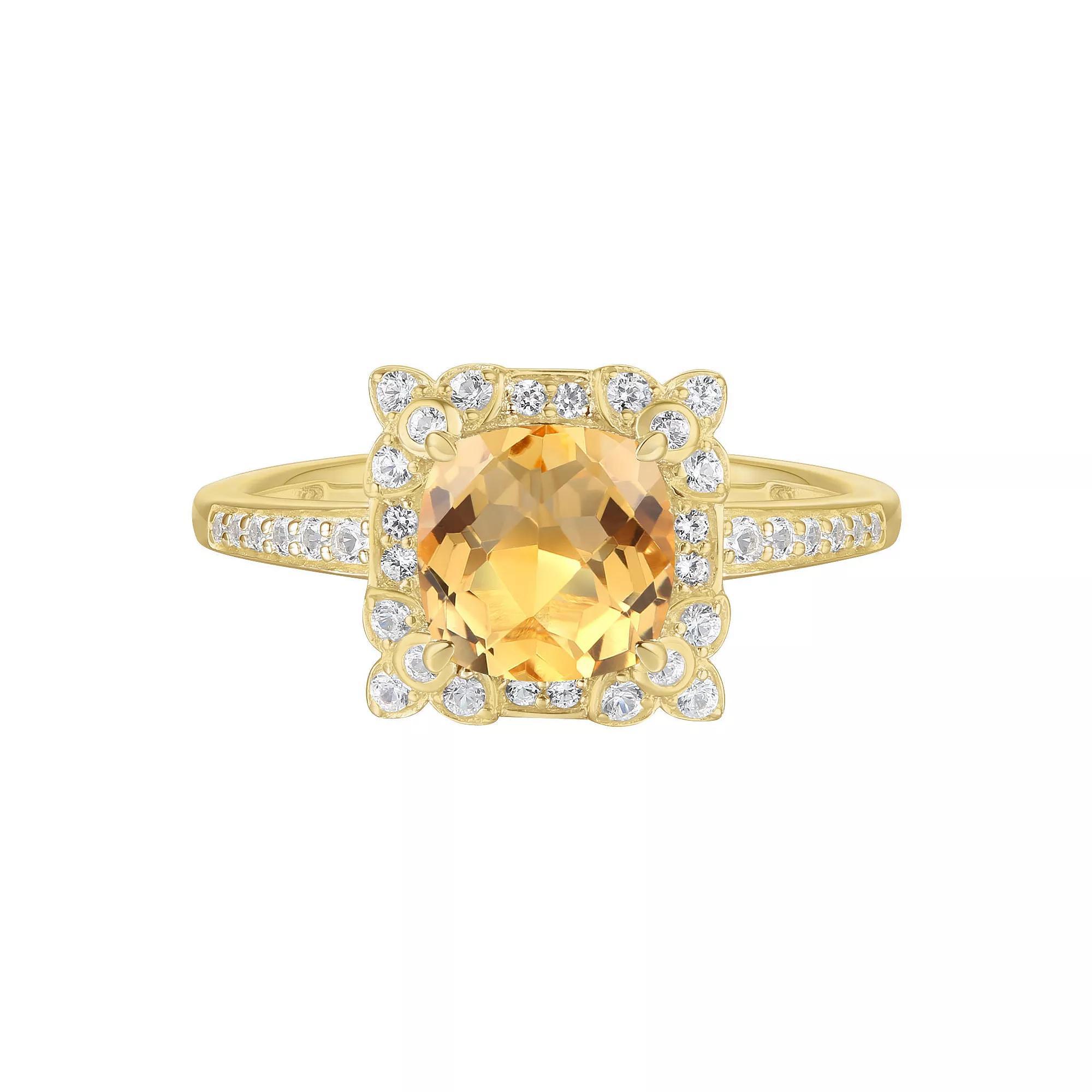 14k Gold Over Silver Citrine, Lab-Created White Sapphire Square Halo Ring, Womens Gold Tone Product Image