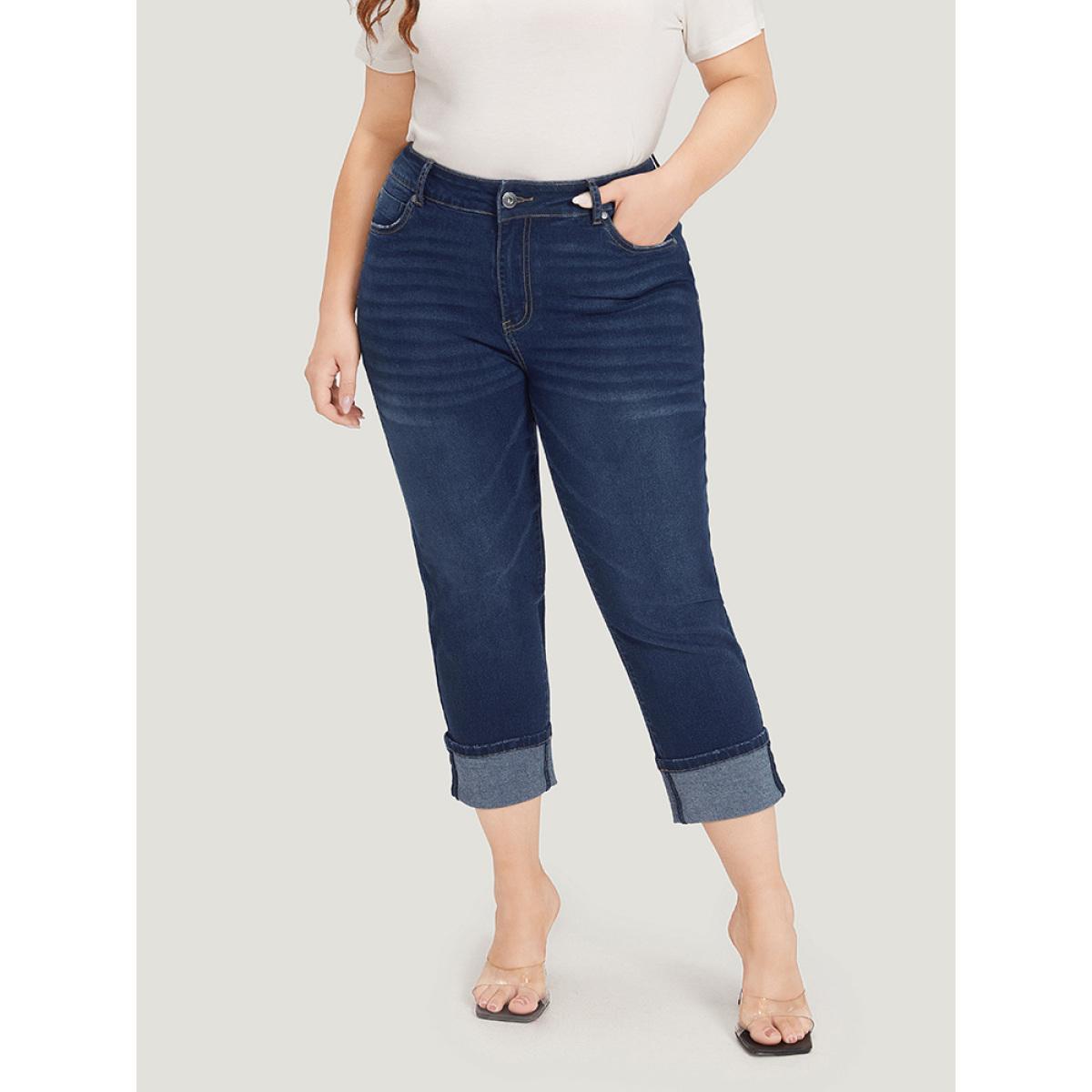 Plus Size Roll Hem High Rise Pocket Very Stretchy Jeans Women DarkBlue Casual Plain Plain High stretch Pocket Jeans BloomChic 22/3X Product Image