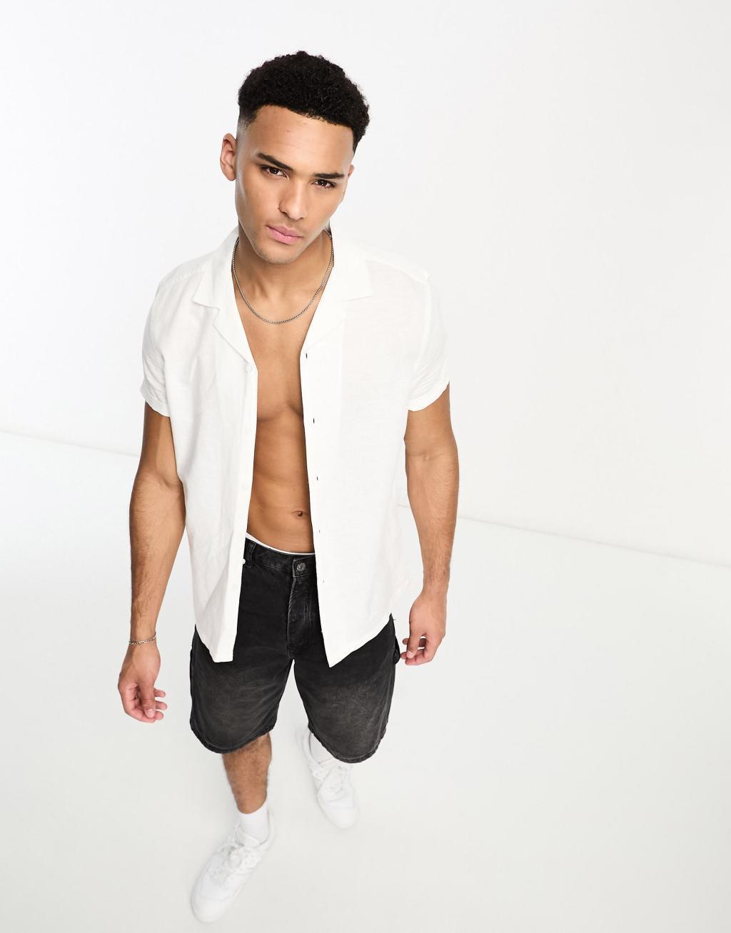 ASOS DESIGN regular linen revere shirt with roll sleeves Product Image