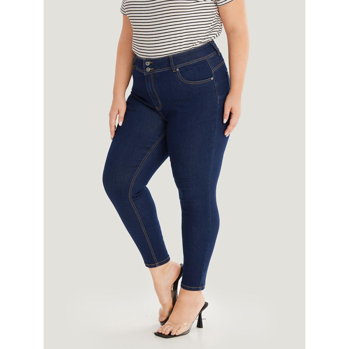 Plus Size Plain Stitch Patched Pocket Jeans Women DarkBlue Casual Plain Plain High stretch Pocket Jeans BloomChic 12/L Product Image