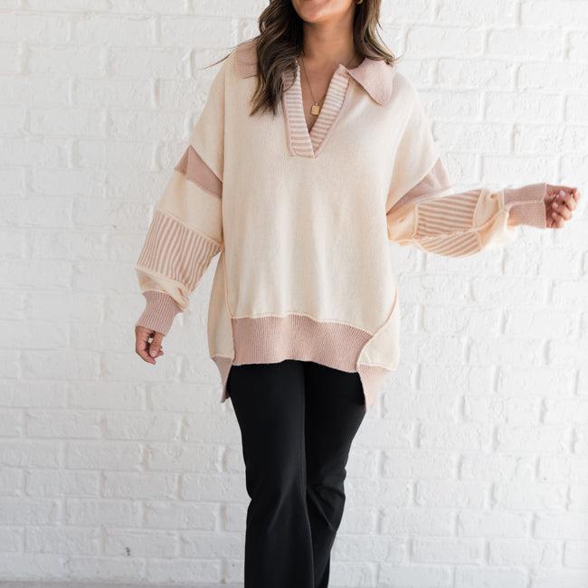 Think About It Cream and Mauve Collared Oversized Sweater SALE Product Image